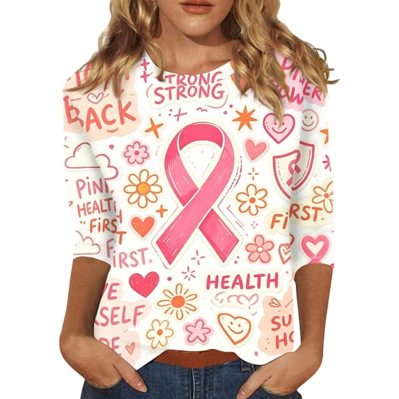 JULMCOMO Breast Cancer Awareness Shirts for Women Pink Ribbon Crew Neck 3/4 Sleeve Cute Graphic Tees Breast Cancer Loose Fit Casual T Shirts Pink 2XL