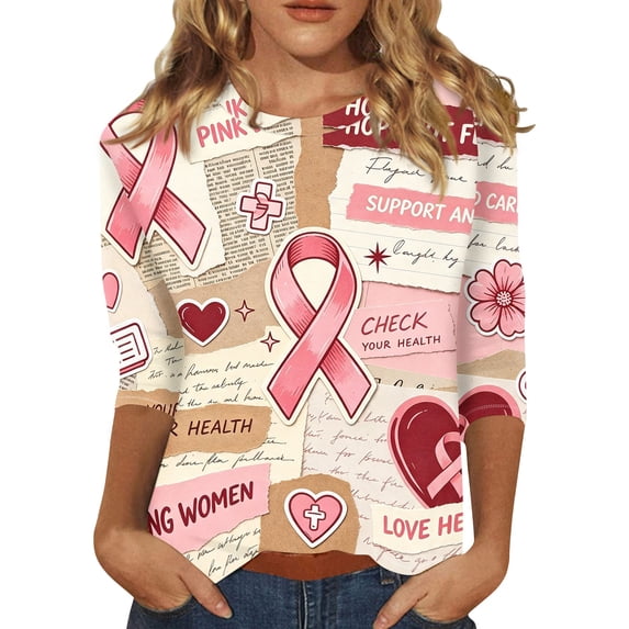 JULMCOMO Breast Cancer Awareness Shirts for Women Pink Ribbon Crew Neck 3/4 Sleeve Cute Graphic Tees Breast Cancer Loose Fit Casual T Shirts Red M