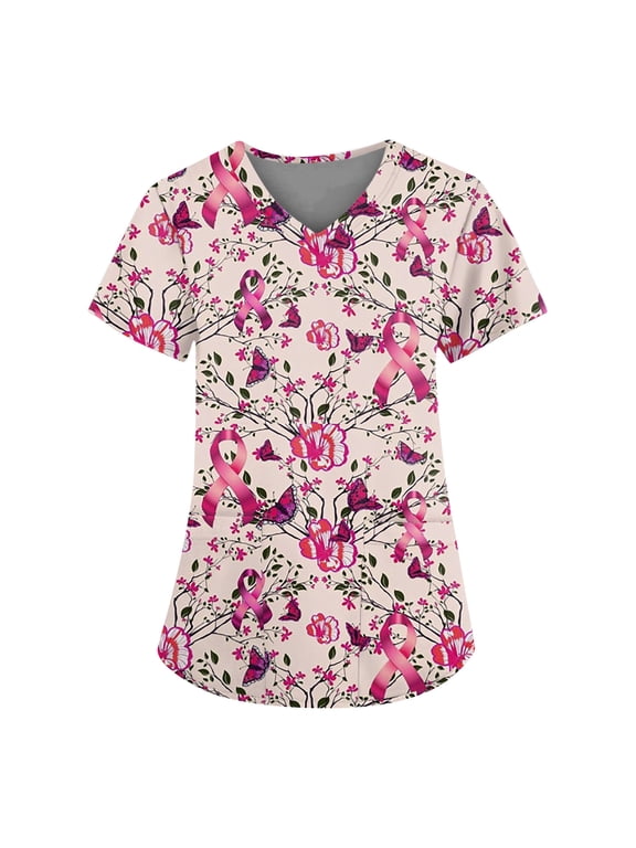 Breast Cancer Scrub Tops for Women Pink Ribbon Breast Cancer Awareness V Neck Casual Medical Work Uniforms Hospital Loose Fit Soft Graphic Tees Green M