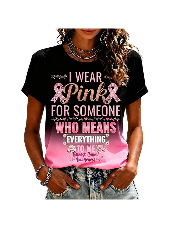 Breast Cancer Shirts for Women Breast Cancer Awareness Crew Neck Loose Casual Support Tops Rolled Sleeve Ribbon Graphic Tees Watermelon Red XL