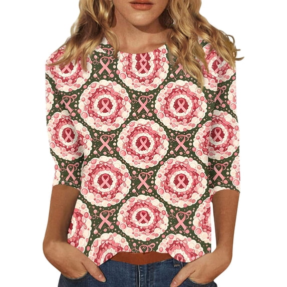 JULMCOMO Breast Cancer Shirts for Women Crew Neck 3/4 Sleeve Breast Cancer Awareness Casual Pink Ribbon Graphic Tees Loose Cute Print T-Shirts Hot Pink L