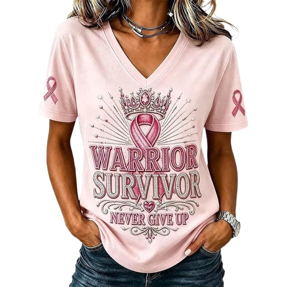 JULMCOMO Breast Cancer Shirts for Women V Neck Pink Ribbon Breast Cancer Awareness Short Sleeve Loose Comfy Tops Casual Survivor Support Graphic Tees Light pink S