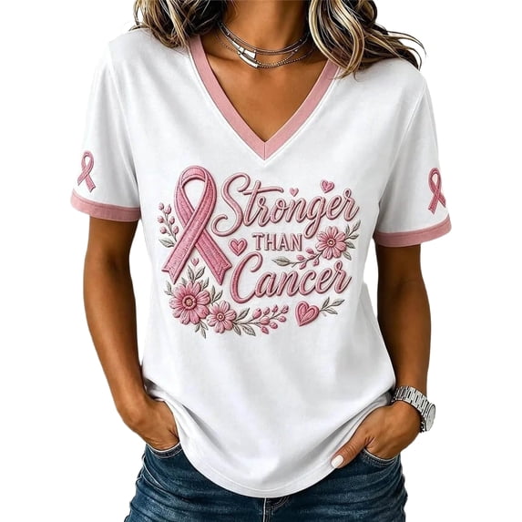 JULMCOMO Breast Cancer Shirts for Women V Neck Pink Ribbon Breast Cancer Awareness Short Sleeve Loose Comfy Tops Casual Survivor Support Graphic Tees Purple Pink M