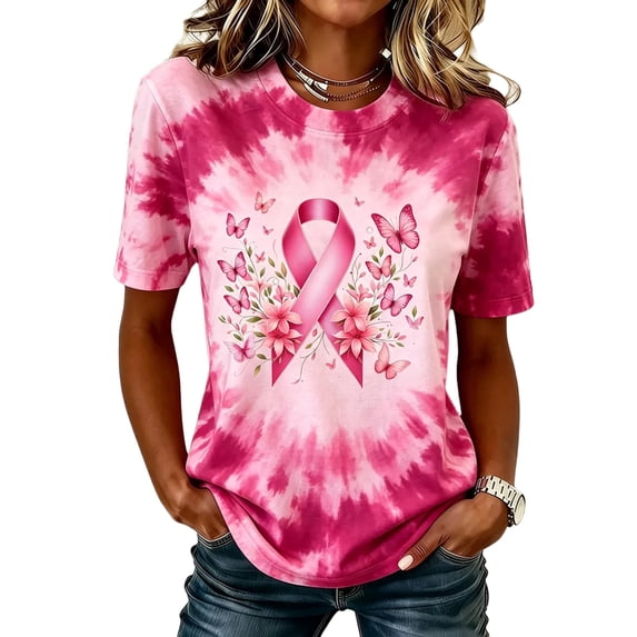 JULMCOMO Breast Cancer Shirts for Women Breast Cancer Awareness Crew Neck Casual Tshirts Loose Short Sleeve Pink Ribbon Graphic Tees Hot Pink M