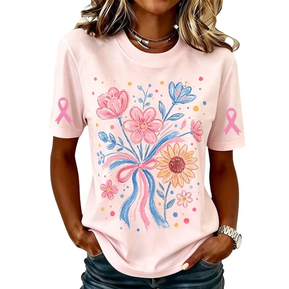 JULMCOMO Breast Cancer Shirts for Women Breast Cancer Awareness Crew Neck Casual Tshirts Loose Short Sleeve Pink Ribbon Graphic Tees Pink 2XL