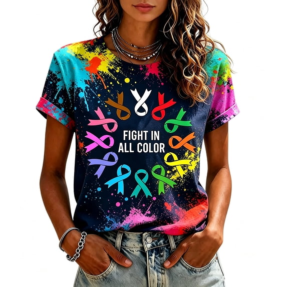 JULMCOMO Breast Cancer Shirts for Women Breast Cancer Awareness Crew Neck Loose Casual Support Tops Rolled Sleeve Ribbon Graphic Tees Multicolor L
