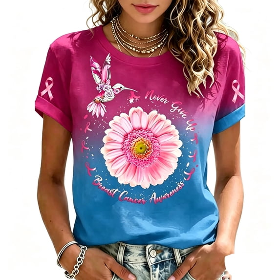 JULMCOMO Breast Cancer Shirts for Women Breast Cancer Awareness Crew Neck Loose Casual Support Tops Rolled Sleeve Ribbon Graphic Tees Purple Pink L