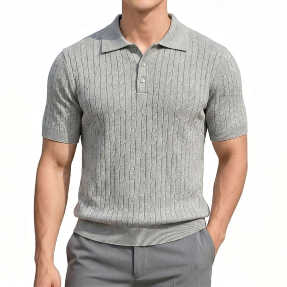 JULMCOMO Cable Knit Polo Shirts for Men Collared Rib Cuff Short Sleeve Regular Fit Casual Summer Golf Shirt Light Gray 2XL