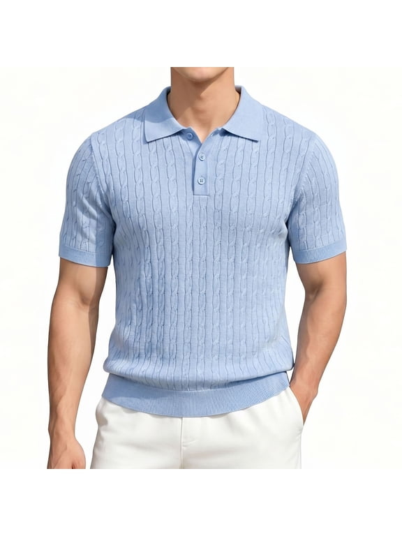 Cable Knit Polo Shirts for Men Collared Rib Cuff Short Sleeve Regular Fit Casual Summer Golf Shirt Sky Blue 3XL