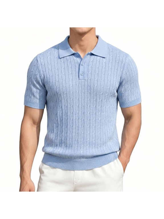 Cable Knit Polo Shirts for Men Collared Rib Cuff Short Sleeve Regular Fit Casual Summer Golf Shirt Sky Blue M