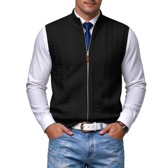 JULMCOMO Cable Knit Sweater Vest for Men Full Zip Mock Neck Sleeveless ...