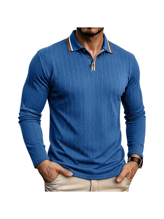 Cable Textured Polo Shirts for Men Contrast Trim Collared Long Sleeve Slim Fit Casual Undershirts Daily Office Autumn Pullover Tops Blue M