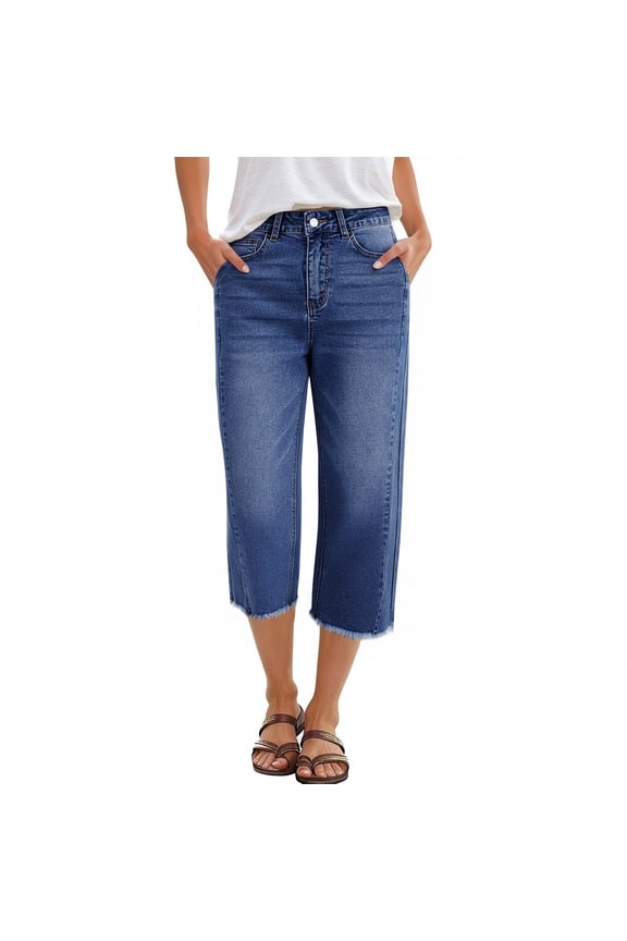 Capri Pants for Women High Waisted Raw Frayed Hem Casual Cropped Wide Leg Jeans Loose Fit Summer Denim Capri Pants with Pockets Royal Blue 2XL