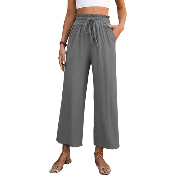 JULMCOMO Capri Pants for Women With Pockets Cotton Linen High Waisted Drawstring Cropped Pants Loose Fit Wide Leg Beach Vacation Flowy Casual Trousers Dark Gray L