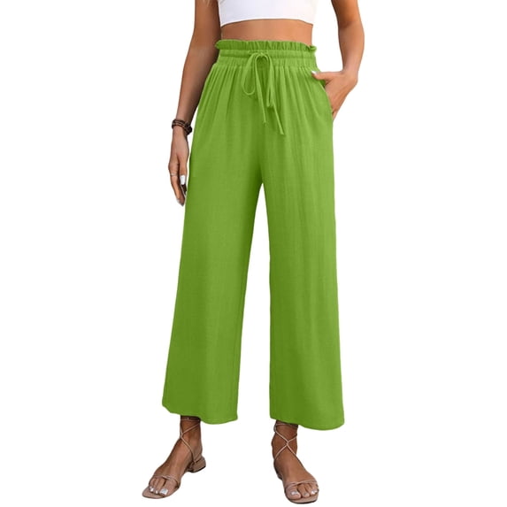 JULMCOMO Capri Pants for Women With Pockets Cotton Linen High Waisted Drawstring Cropped Pants Loose Fit Wide Leg Beach Vacation Flowy Casual Trousers Green XL