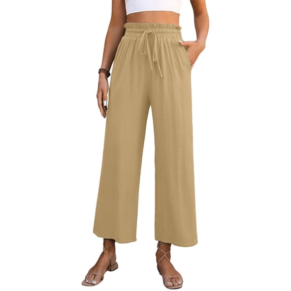 JULMCOMO Capri Pants for Women With Pockets Cotton Linen High Waisted Drawstring Cropped Pants Loose Fit Wide Leg Beach Vacation Flowy Casual Trousers Khaki S