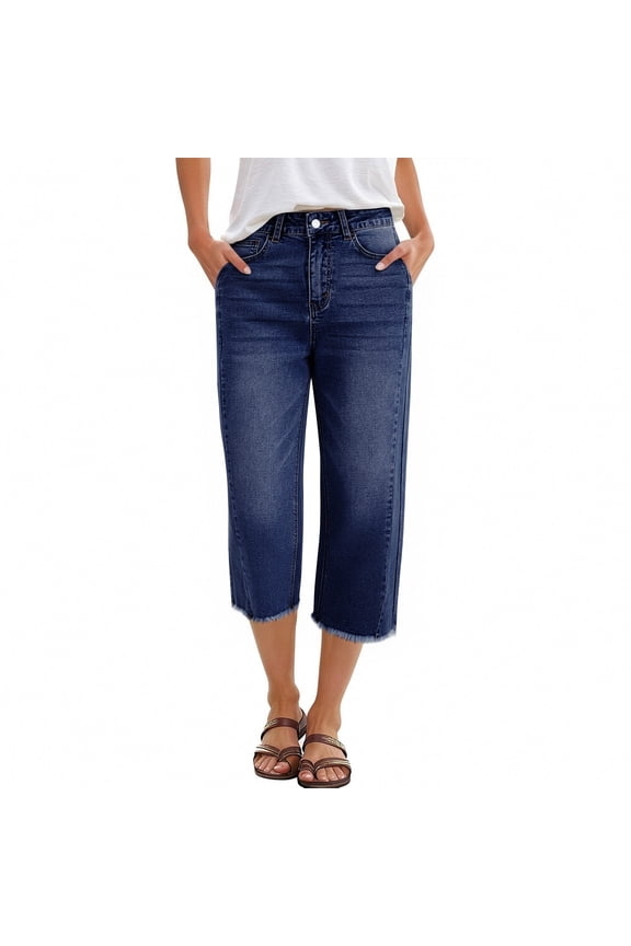 Capri Pants for Women High Waisted Raw Frayed Hem Casual Cropped Wide Leg Jeans Loose Fit Summer Denim Capri Pants with Pockets Navy XL