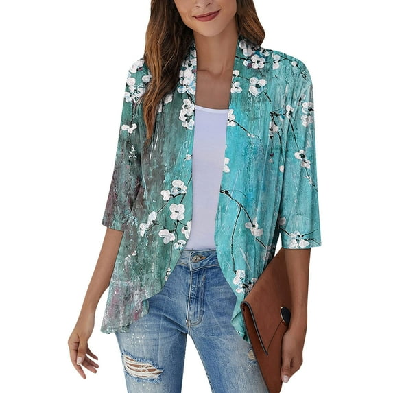 JULMCOMO Cardigans for Women 3/4 Sleeve Plus Size Kimono and Dusters Lightweight Open Front Shrug Cardigan Floral Print Dressy Casual Soft Oversized Cardigans