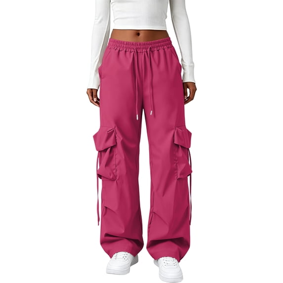 JULMCOMO Cargo Pants Women Drawstring High Waisted Baggy Cargo Pants Loose Fit Straight Leg Casual Trousers With Multi Pockets Hot Pink S