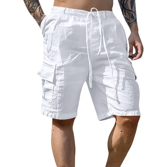 JULMCOMO Cargo Shorts for Men Cotton Linen Drawstring Relaxed Fit Casual Outdoor Summer Work Shorts with Multi Pockets White L
