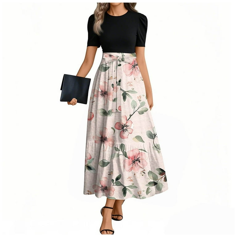 JULMCOMO Casual Dresses for Women Short Sleeve Modest Teacher Dresses  Floral Print Boho Empire Waist Wear To Work Dresses Formal Business Casual  Outfits Pink S - Walmart.com