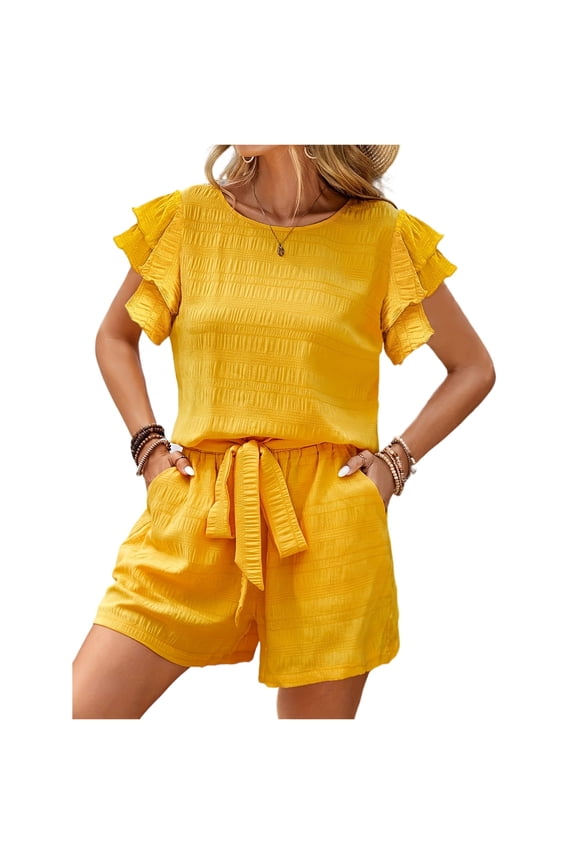 Chiffon Two Piece Sets for Women Ruffle Crew Neck Summer Tops Drawstring Lounge Short Sets Vacation Outfits with Pockets Yellow XL