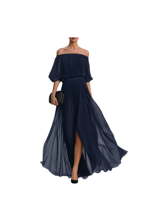 Chiffon Wedding Guest Dresses for Women Off Shoulder Puff Half Sleeve Maxi Dresses Elastic Waisted Flowy Evening Sundresses Navy M