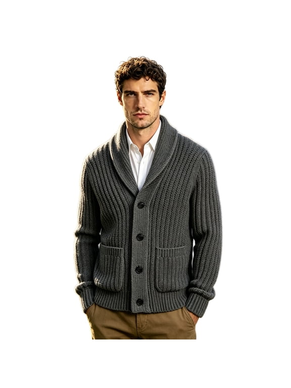 Chunky Cable Knit Cardigan Sweaters for Men Heavyweight Shawl Collar Casual Button Down Sweater Jacket Thick Loose Winter Outfits with Pockets Dark Gray L