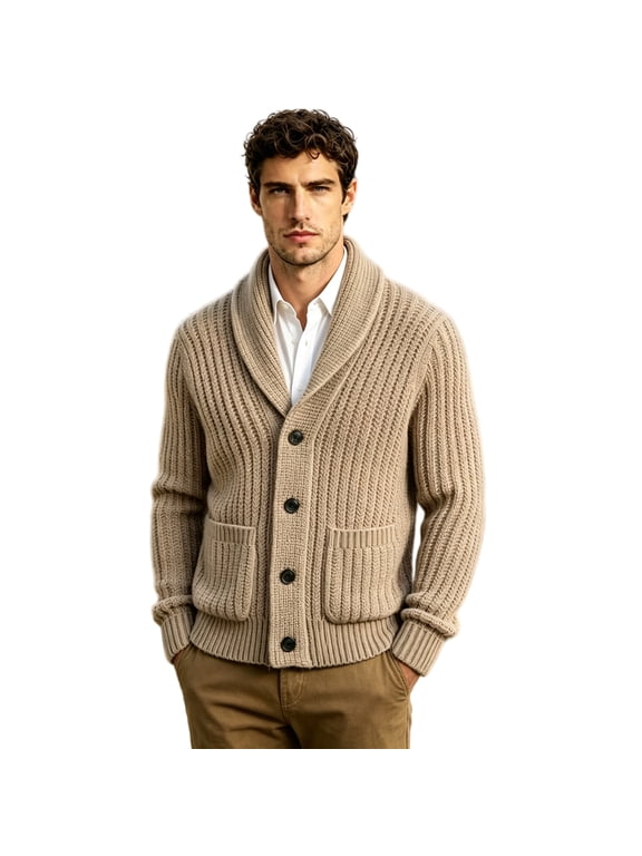 Chunky Cable Knit Cardigan Sweaters for Men Heavyweight Shawl Collar Casual Button Down Sweater Jacket Thick Loose Winter Outfits with Pockets Khaki M