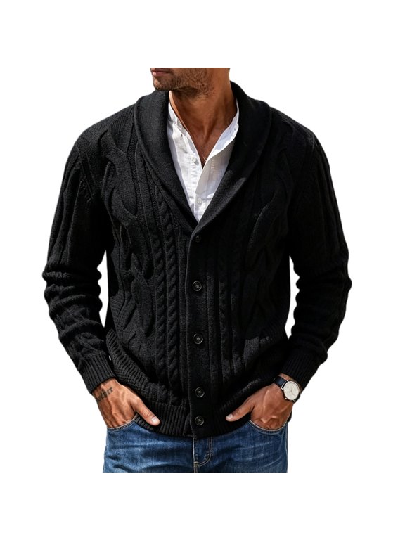 Chunky Cable Knit Cardigan Sweaters for Men Shawl Collar Casual Button Down Sweater Jacket Loose Fit Comfort Textured Knitted Winter Outfits Black L
