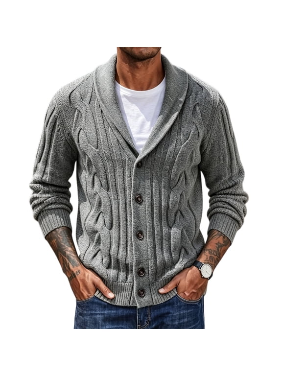 Chunky Cable Knit Cardigan Sweaters for Men Shawl Collar Casual Button Down Sweater Jacket Loose Fit Comfort Textured Knitted Winter Outfits Gray L