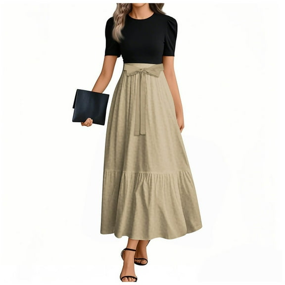 JULMCOMO Church Dresses for Women Short Sleeve Business Maxi Dresses Floral Print Cute Tie Waist Long Dinner Dresses Wedding Guest Teacher Clothes Khaki L