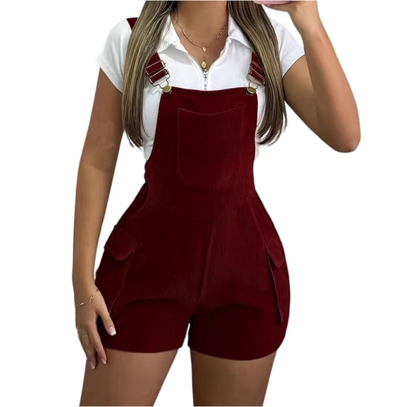 JULMCOMO Corduroy Rompers for Women Adjustable Straps Casual Comfy Bib Overall Shorts Sleeveless Slim Fit Vintage Summer Jumpsuit with Pockets Wine 2XL