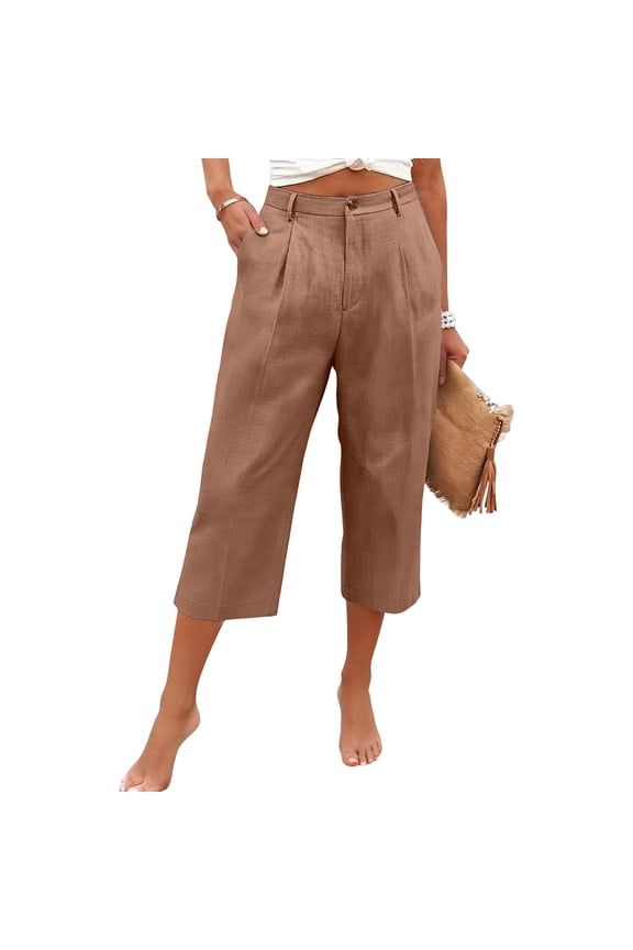 Cotton Linen Capri Pants for Women Wide Leg Comfy Pants High Waisted Dressy Business Trousers Camel XL