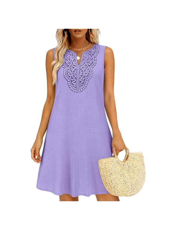Cotton Linen Dresses for Women Crochet Notch Neck Summer Mini Boho Dresses Sleeveless A Line Casual Beach Vacation Sundresses Purple L