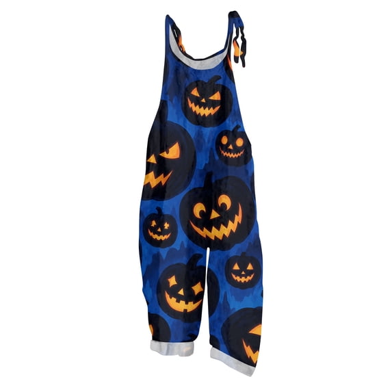 JULMCOMO Cotton Linen Jumpsuits for Women Halloween Haunted Castle Pumpkin Bat Print Spaghetti Strap Jumpsuits Plus Size Costume Holiday Overalls Dark Blue M