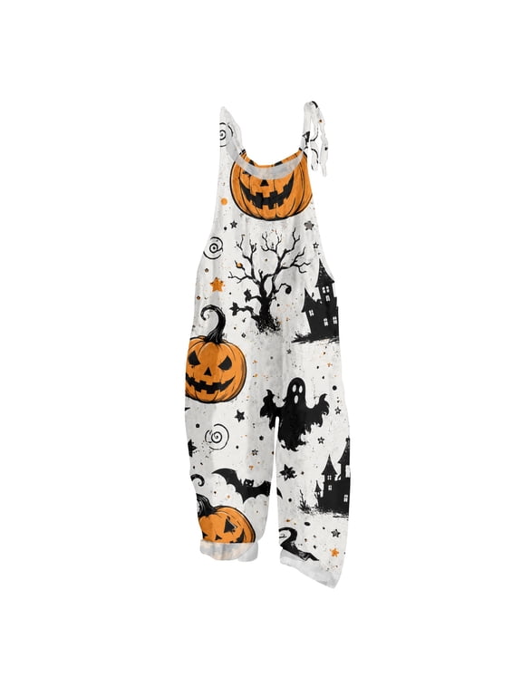 Cotton Linen Jumpsuits for Women Halloween Haunted Castle Pumpkin Bat Print Spaghetti Strap Jumpsuits Plus Size Costume Holiday Overalls Earthy Yellow 5XL