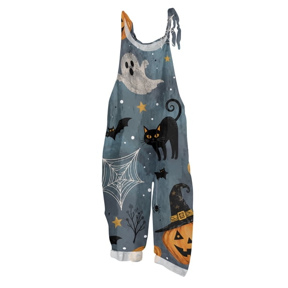 JULMCOMO Cotton Linen Jumpsuits for Women Halloween Haunted Castle Pumpkin Bat Print Spaghetti Strap Jumpsuits Plus Size Costume Holiday Overalls Gray 2XL