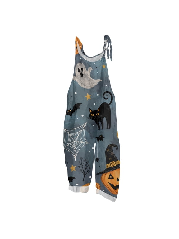 Cotton Linen Jumpsuits for Women Halloween Haunted Castle Pumpkin Bat Print Spaghetti Strap Jumpsuits Plus Size Costume Holiday Overalls Gray 3XL