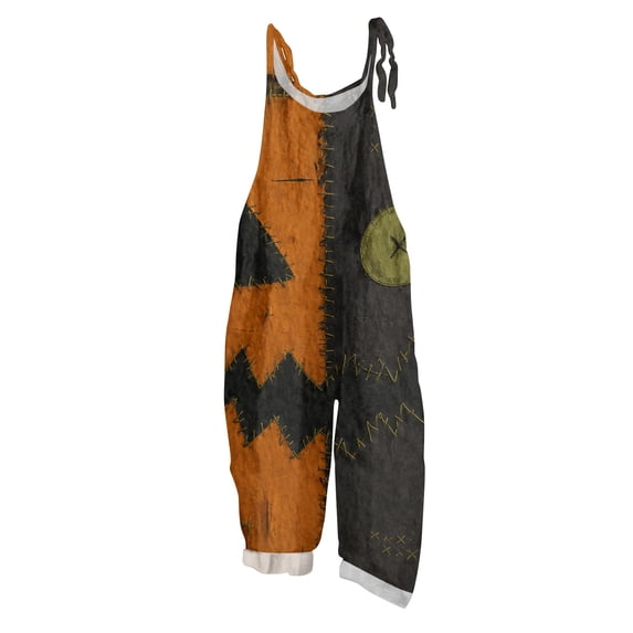 JULMCOMO Cotton Linen Jumpsuits for Women Halloween Pumpkin Printed Plus Size Spaghetti Strap Jumpsuits Funny Print Costume Holiday Overalls Army Green L