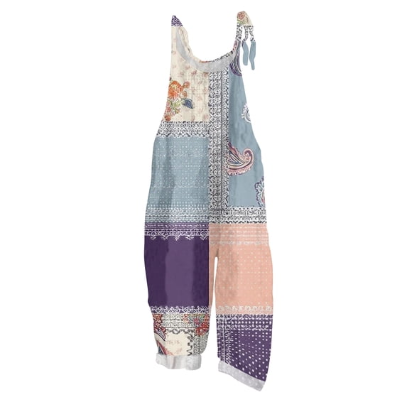 JULMCOMO Cotton Linen Jumpsuits for Women Floral Print Adjustable Strap Baggy Overalls Sleeveless Vintage Casual Jumpsuits Blue S