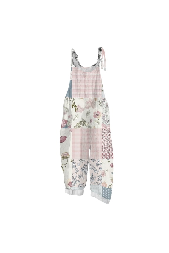 Cotton Linen Jumpsuits for Women Floral Print Adjustable Strap Baggy Overalls Sleeveless Vintage Casual Jumpsuits Sky Blue L