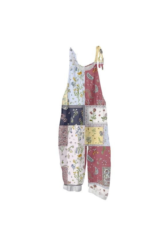 Cotton Linen Jumpsuits for Women Floral Print Scoop Neck Loose Fit Overalls Tie Strap Sleeveless Casual Summer Overalls Sky Blue XL
