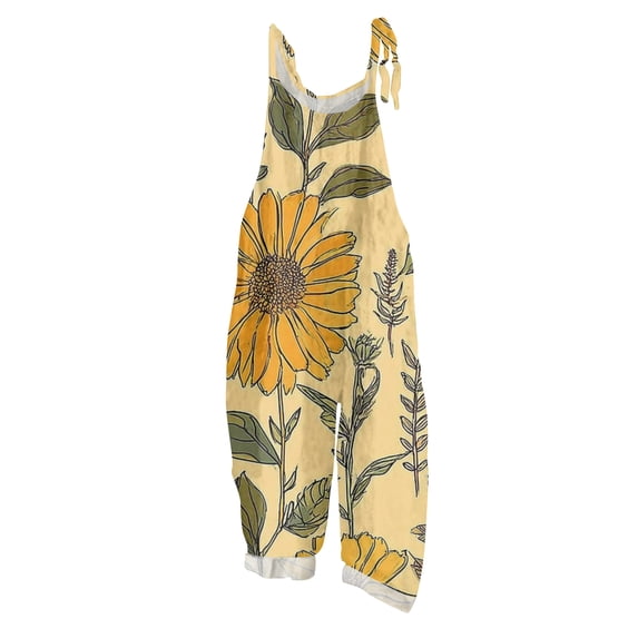 JULMCOMO Cotton Linen Jumpsuits for Women Floral Print Tie Strap Baggy Summer Outfits Scoop Neck Vacation Comfy Casual Jumpsuits Yellow S