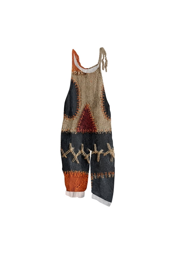 Cotton Linen Jumpsuits for Women Halloween Pumpkin Printed Plus Size Spaghetti Strap Jumpsuits Funny Print Costume Holiday Overalls Beige XL