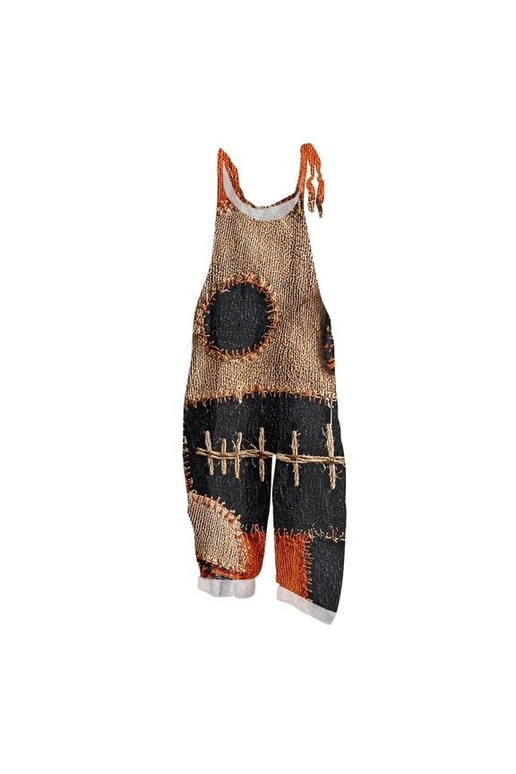 Cotton Linen Jumpsuits for Women Halloween Pumpkin Printed Plus Size Spaghetti Strap Jumpsuits Funny Print Costume Holiday Overalls Khaki M
