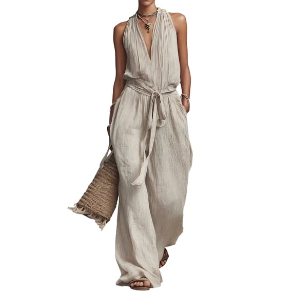 JULMCOMO Cotton Linen Jumpsuits for Women Halter Deep V Neck Casual Rompers Tie Waist Wide Leg Loose Fit Summer Overalls with Pockets Beige XL