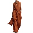 thumbnail image 1 of JULMCOMO Cotton Linen Jumpsuits for Women Halter Deep V Neck Casual Rompers Tie Waist Wide Leg Loose Fit Summer Overalls with Pockets Saffron L, 1 of 4
