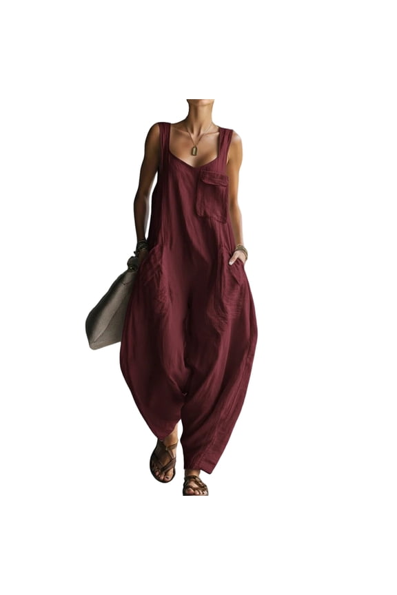 Cotton Linen Jumpsuits for Women Scoop Neck Comfy Loose Fit Harem Pants Sleeveless Casual Beach Summer Overalls with Pockets Wine M