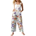 thumbnail image 1 of JULMCOMO Cotton Linen Jumpsuits for Women Wide Leg Floral Print Loose Fit Overalls Sleeveless Casual Summer Jumpsuit with Pockets Purple S, 1 of 5